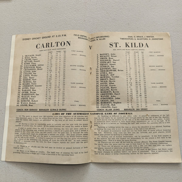 VFL 1968 1 June Ampol Football Record Carlton v St Kilda; NSW v Victoria