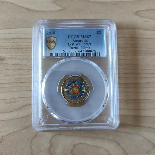 2018 $2 Lest We Forget Eternal Flame PCGS Graded MS67 Slabbed Coloured Coin