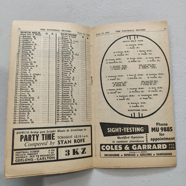 VFL 1959 June 13 North Melbourne v Hawthorn Football Record