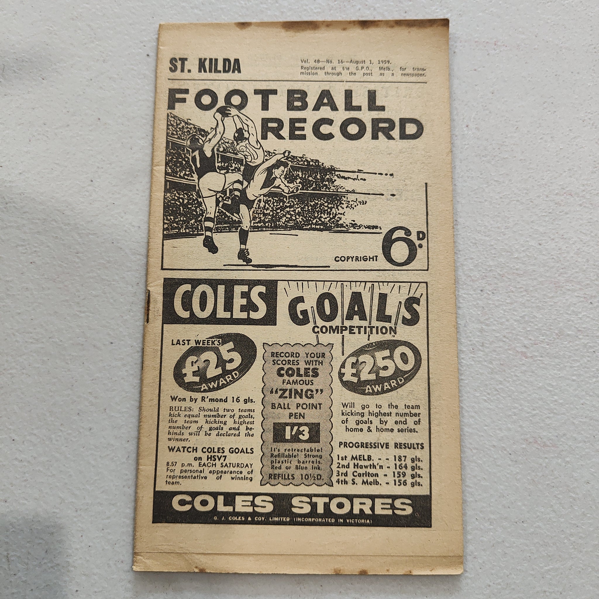 VFL 1959 August 1 St Kilda v North Melbourne Football Record