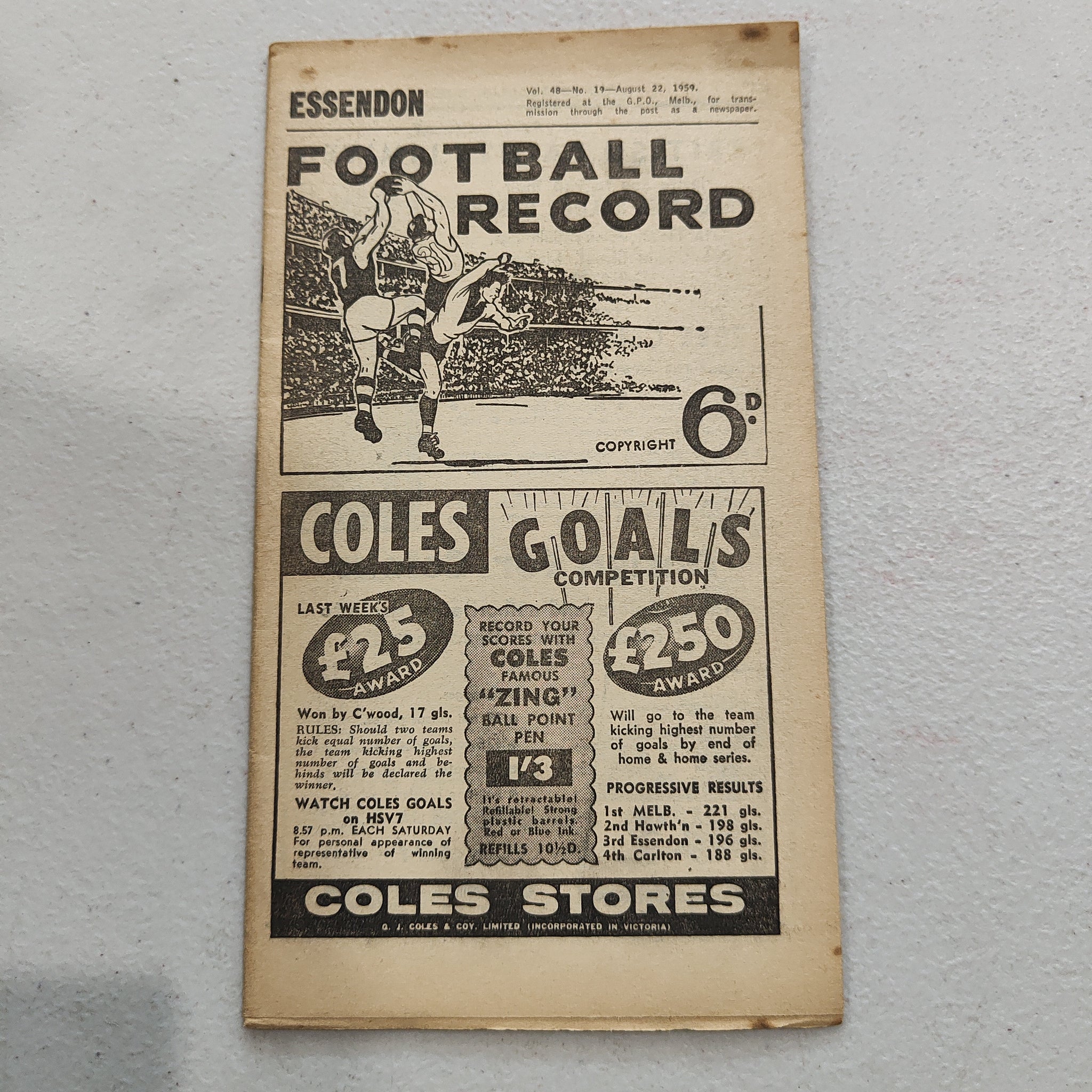 VFL 1959 August 22 Essendon v Fitzroy Football Record