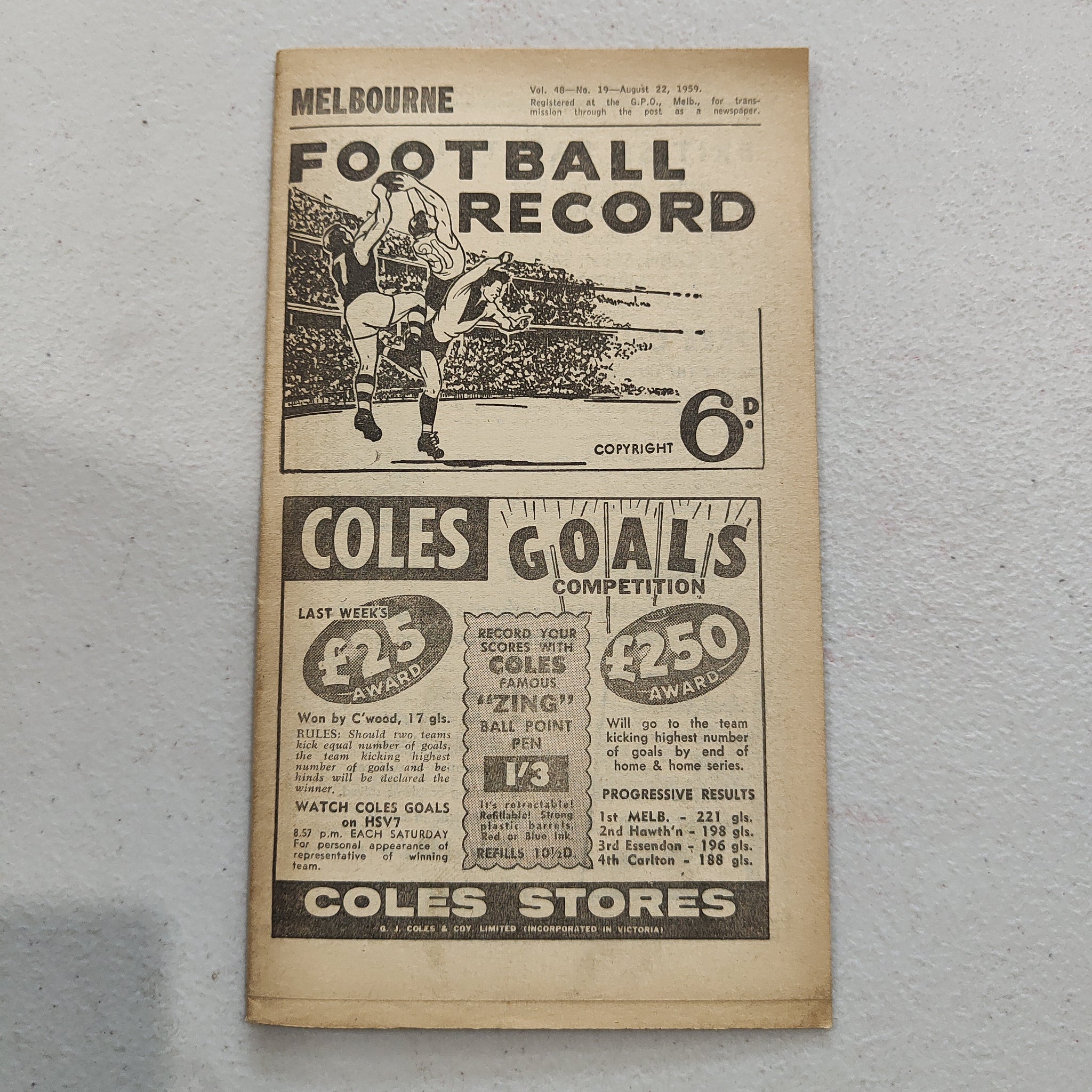 VFL 1959 August 22 Melbourne V Geelong Football Record – Shields Stamps ...