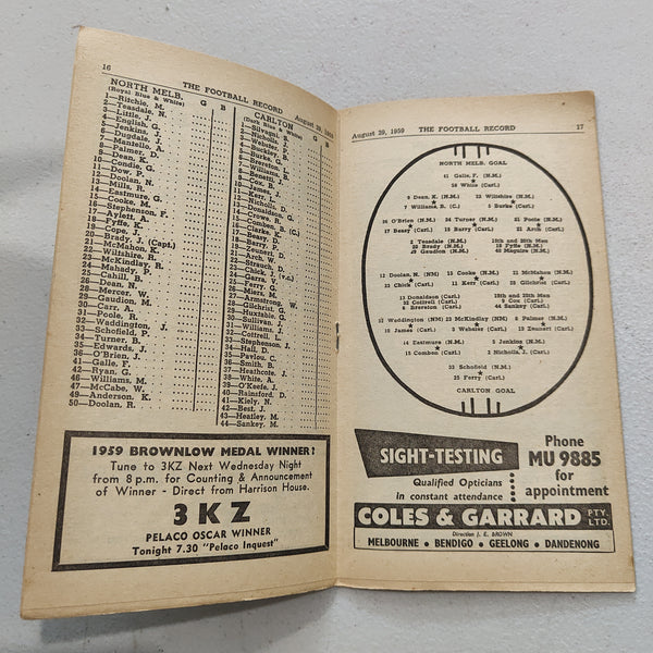 VFL 1959 August 29 North Melbourne v Carlton Football Record