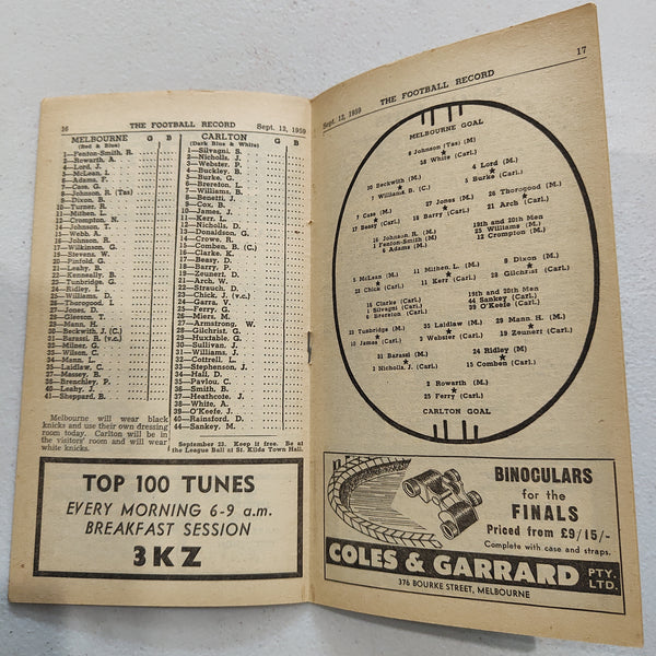 VFL 1959 September 12 2nd Semi Final Melbourne v Carlton Football Record