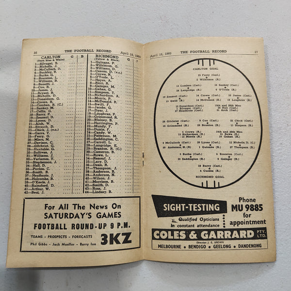 VFL 1960 April 18 Carlton v Richmond Football Record