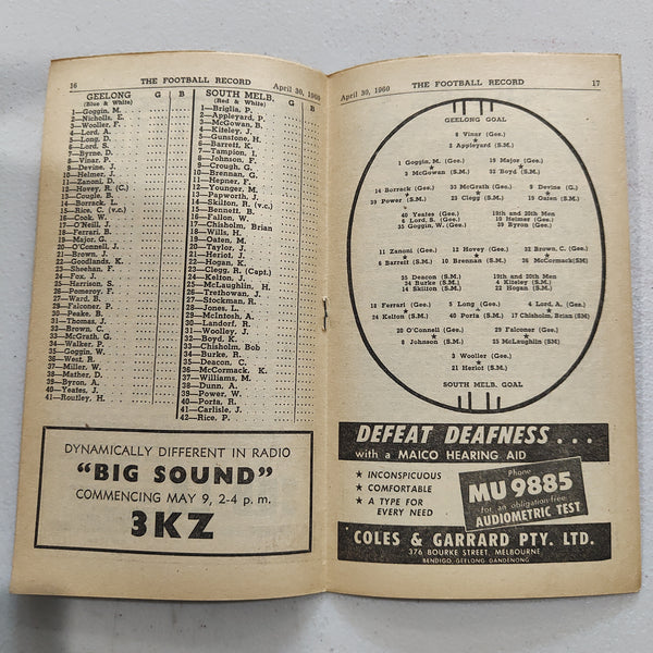 VFL 1960 April 30 Geelong v South Melbourne Football Record