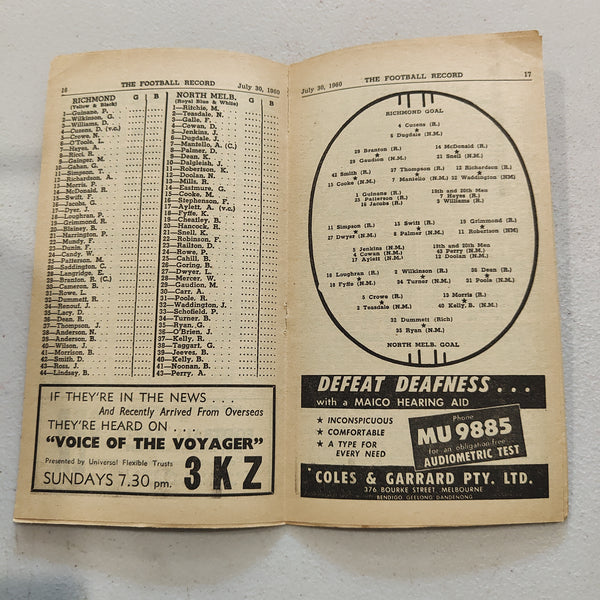 VFL 1960 July 30 Richmond v North Melbourne Football Record