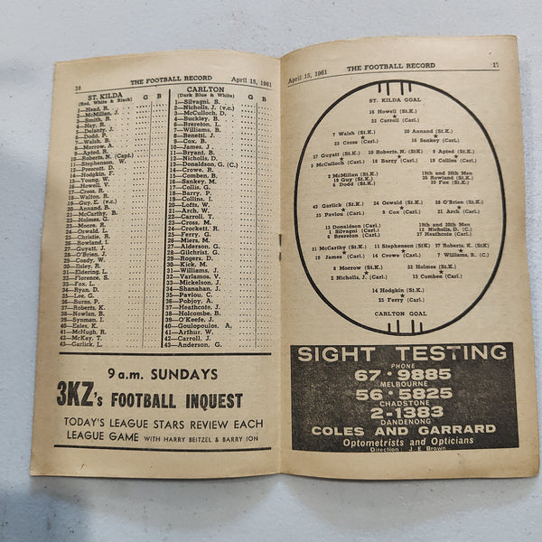 VFL 1961 April 15 St Kilda v Carlton Football Record