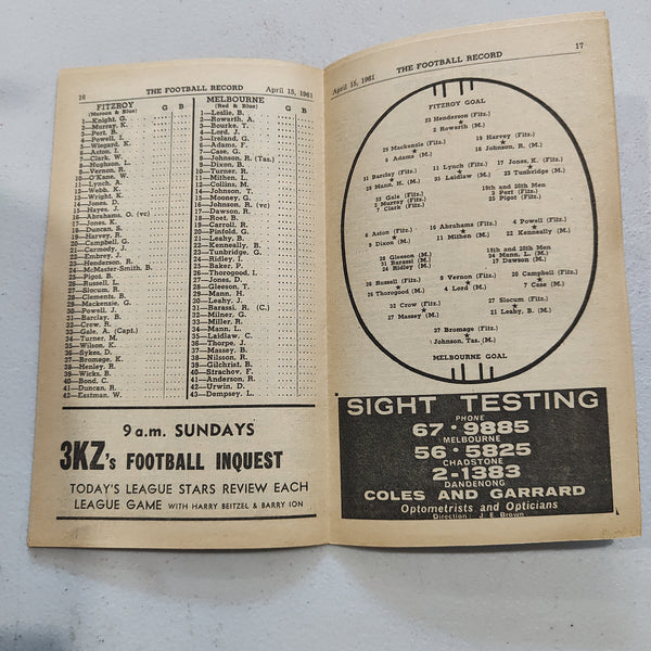 VFL 1961 April 15 Fitzroy v Melbourne Football Record