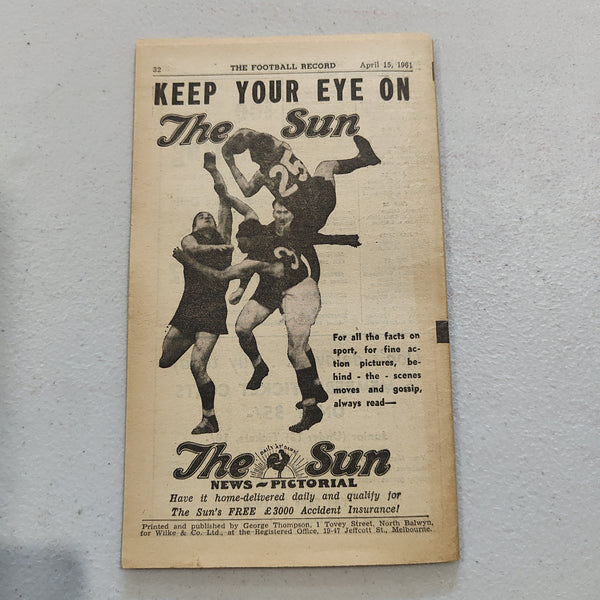 VFL 1961 April 15 Fitzroy v Melbourne Football Record