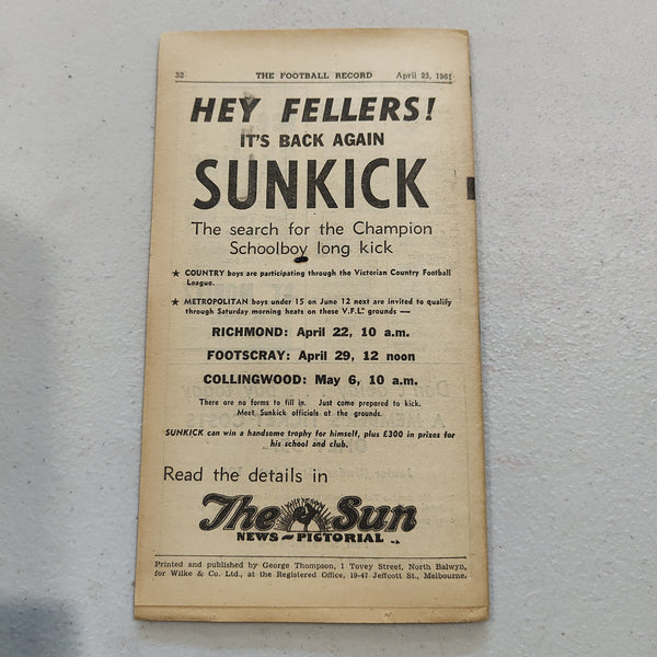 VFL 1961 April 22 Collingwood v Richmond Football Record