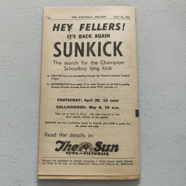 VFL 1961 April 25 Essendon v Melbourne Football Record