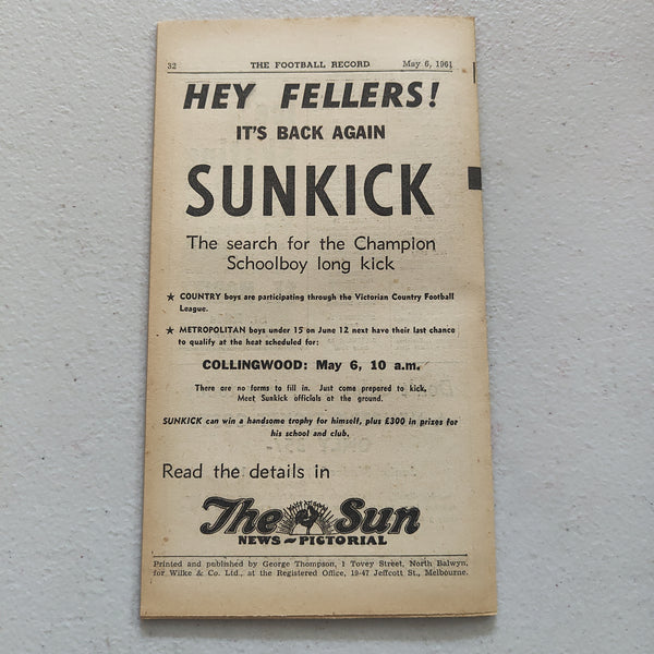 VFL 1961 May 6 Footscray v Collingwood Football Record