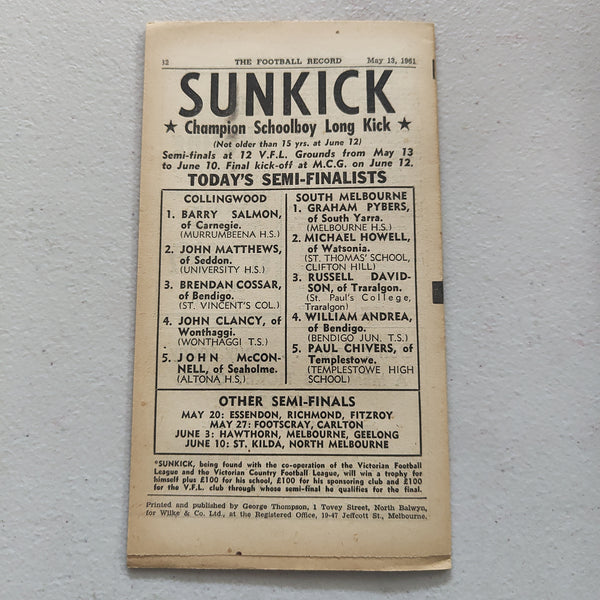 VFL 1961 May 13 Collingwood v Fitzroy Football Record