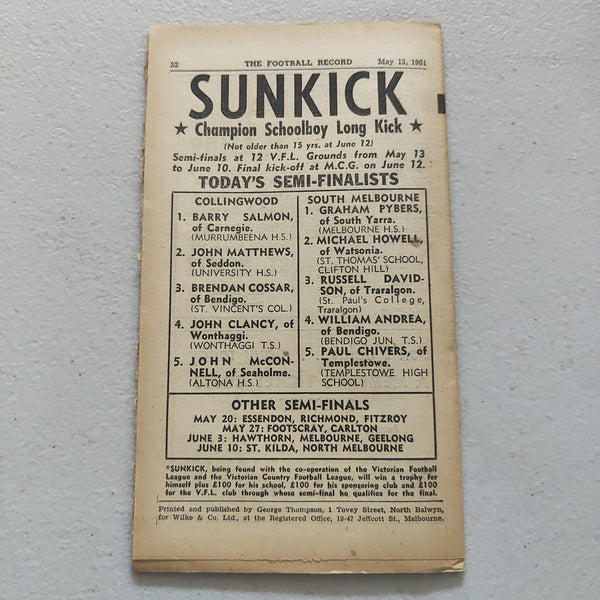 VFL 1961 May 13 Richmond v St Kilda Football Record