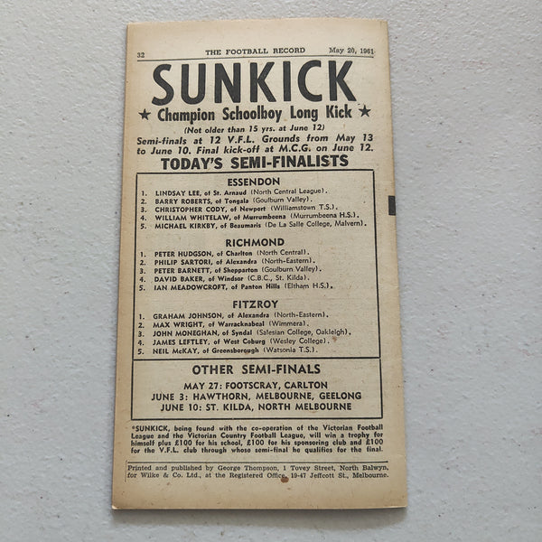 VFL 1961 May 20 Richmond v Geelong Football Record