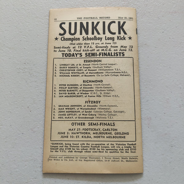 VFL 1961 May 20 Fitzroy v North Melbourne Football Record