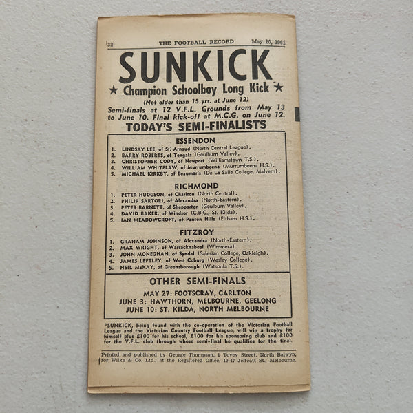 VFL 1961 May 20 Essendon v South Melbourne Football Record