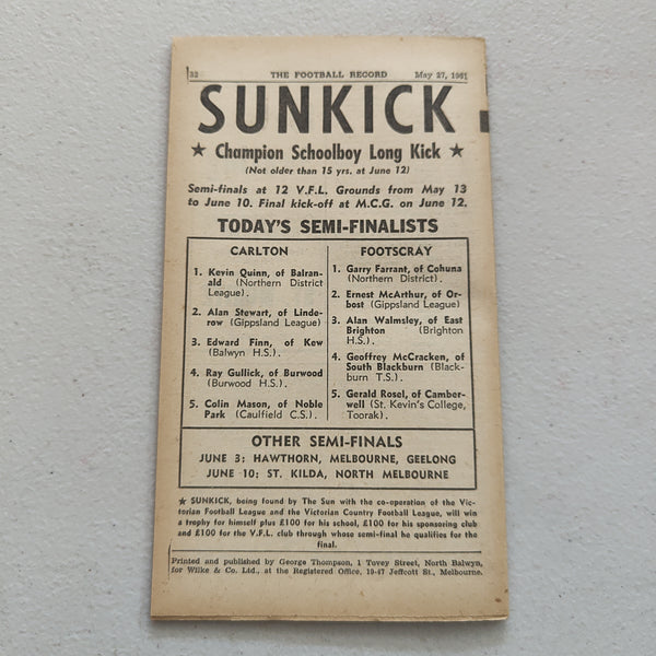 VFL 1961 May 27 Footscray v Melbourne Football Record