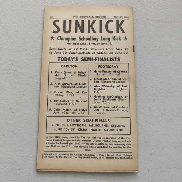 VFL 1961 May 27 Carlton v Collingwood Football Record