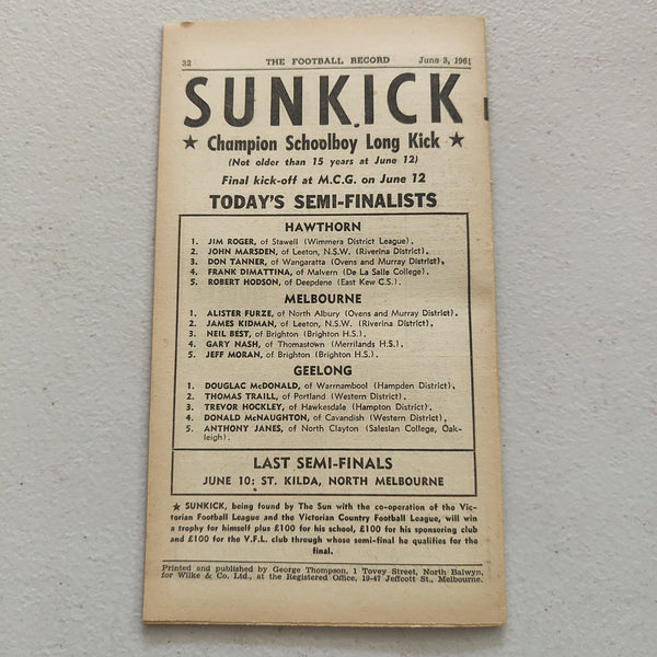 VFL 1961 June 3 North Melbourne v St Kilda Football Record