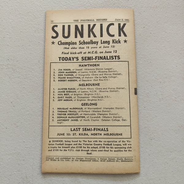 VFL 1961 June 3 Melbourne v Carlton Football Record