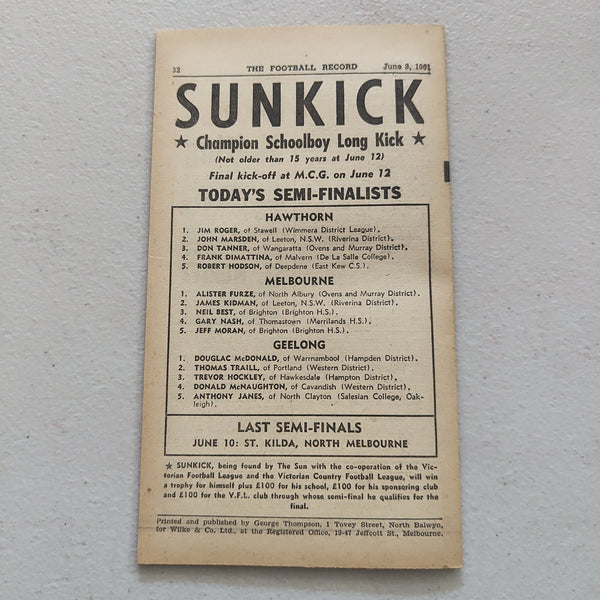 VFL 1961 June 3 South Melbourne v Fitzroy Football Record