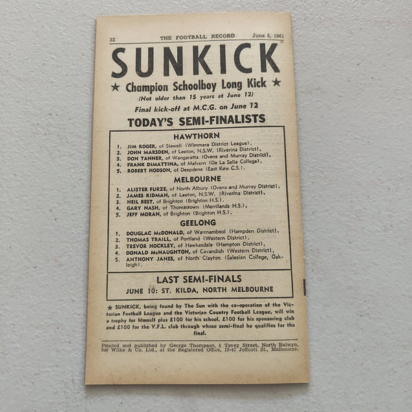 VFL 1961 June 3 Hawthorn v Richmond Football Record