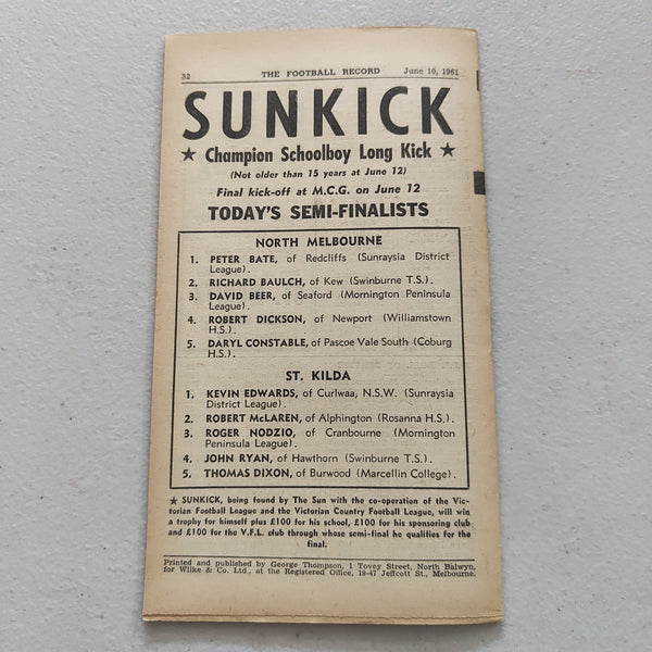 VFL 1961 June 10 North Melbourne v Geelong Football Record