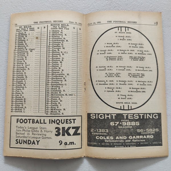 VFL 1961 June 10 St Kilda v South Melbourne Football Record