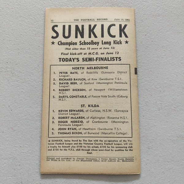 VFL 1961 June 10 St Kilda v South Melbourne Football Record