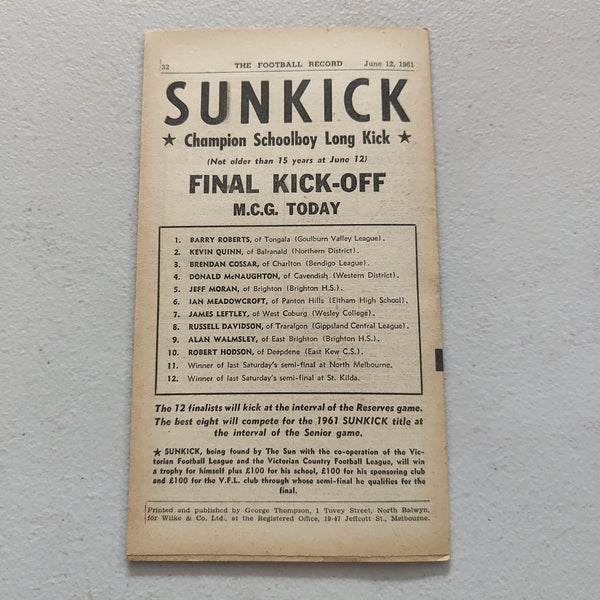 VFL 1961 June 12 Carlton v Richmond Football Record