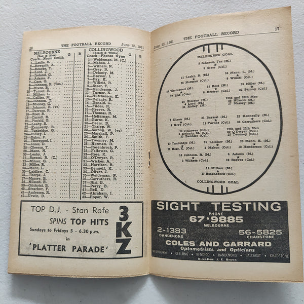 VFL 1961 June 12 Melbourne v Collingwood Football Record