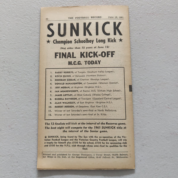 VFL 1961 June 12 Melbourne v Collingwood Football Record