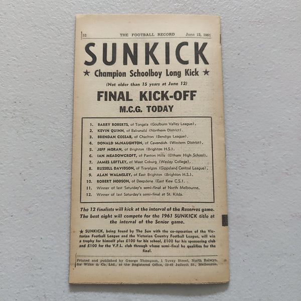 VFL 1961 June 12 Footscray v Hawthorn Football Record