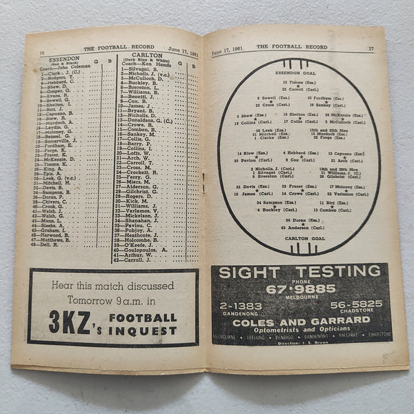 VFL 1961 June 17 Essendon v Carlton Football Record