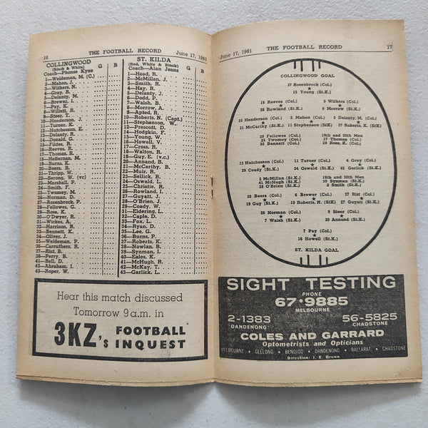 VFL 1961 June 17 Collingwood v St Kilda Football Record