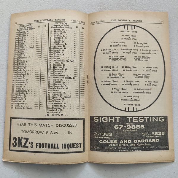 VFL 1961 June 24 Geelong v Fitzroy Football Record