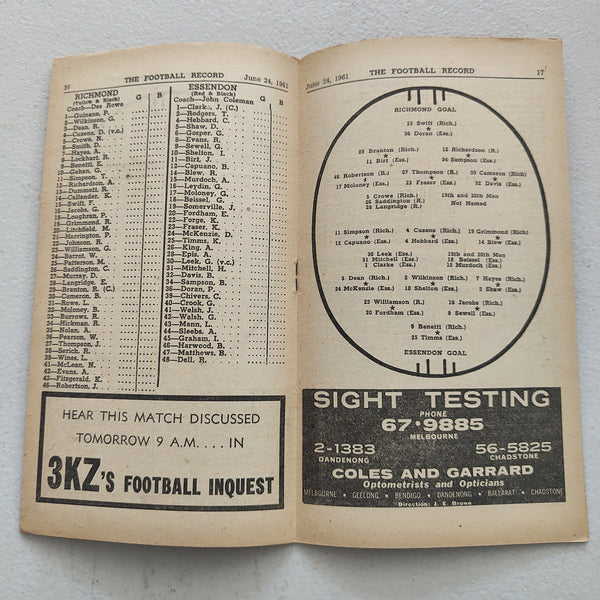 VFL 1961 June 24 Richmond v Essendon Football Record