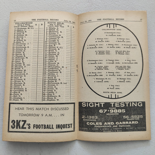 VFL 1961 June 24 Collingwood v South Melbourne Football Record