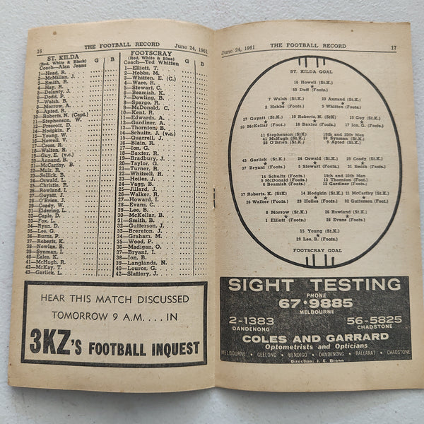 VFL 1961 June 24 St Kilda v Footscray Football Record