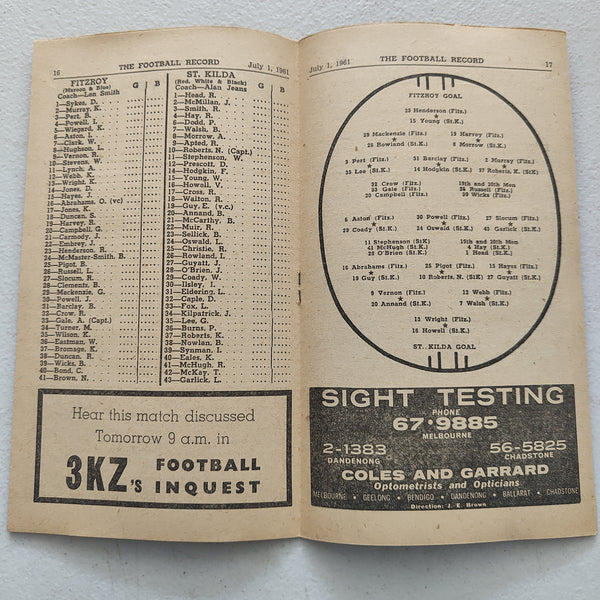 VFL 1961 July 1 Fitzroy v St Kilda Football Record