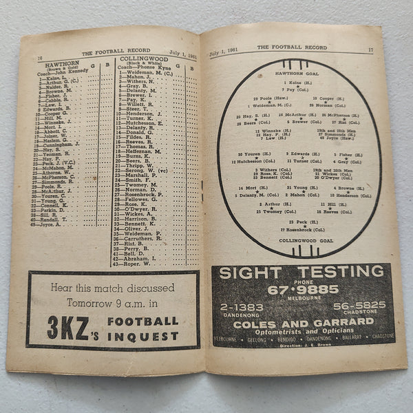 VFL 1961 July 1 Hawthorn v Collingwood Football Record