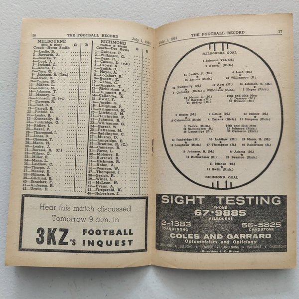 VFL 1961 July 1 Melbourne v Richmond Football Record