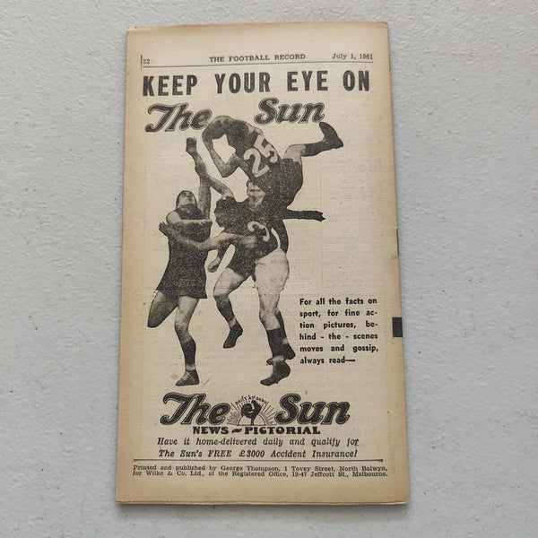 VFL 1961 July 1 South Melbourne v North Melbourne Football Record