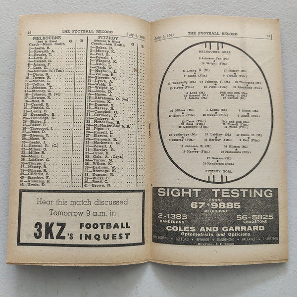 VFL 1961 July 8 Melbourne v Fitzroy Football Record