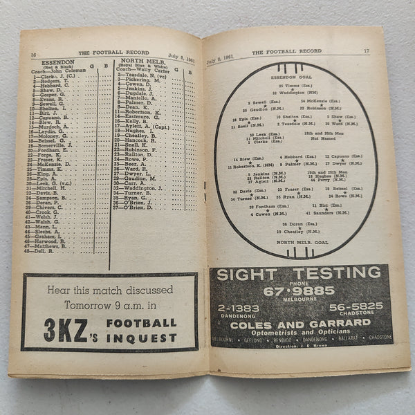 VFL 1961 July 8 Essendon v North Melbourne Football Record