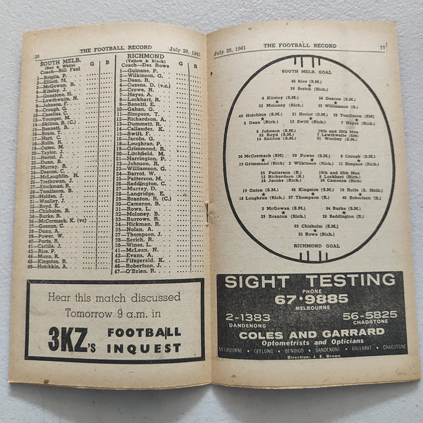 VFL 1961 July 29 South Melbourne v Richmond Football Record