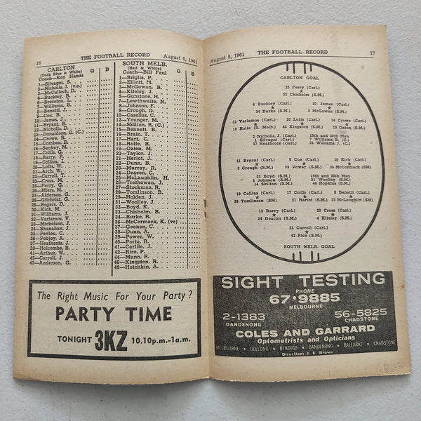 VFL 1961 August 5 Carlton v South Melbourne Football Record