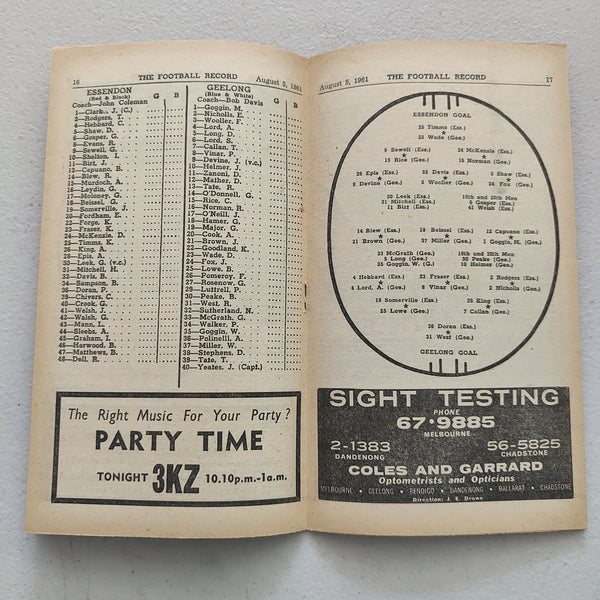 VFL 1961 August 5 Essendon v Geelong Football Record